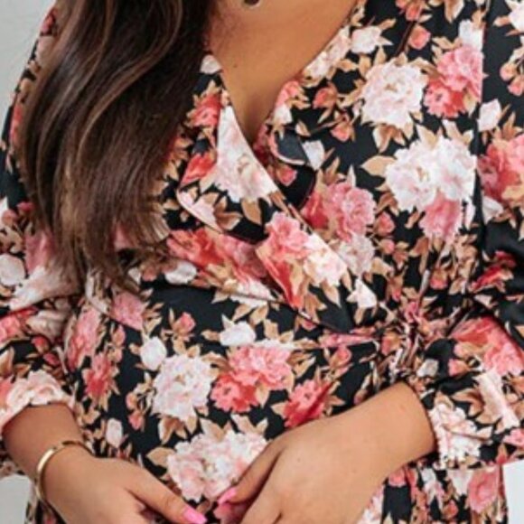 Plus Size Floral Wrap Dress Light pinks and blush hued floral print. - Picture 7 of 10